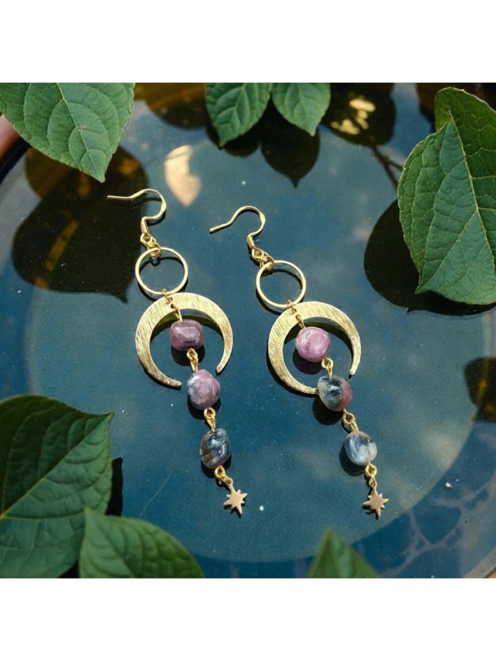 Tourmaline Gemstone Moon Earrings Celestial Gold Crescent Dangle Earrings Witchy